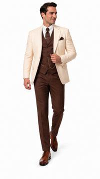Great Gatsby 1920s Ivory Dinner Jacket with Brown Vest and Pants – Cream Off-White Collar Outfit