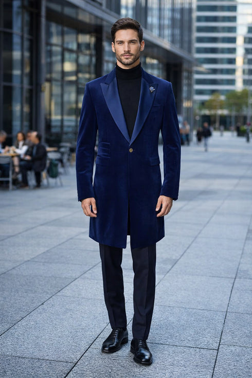 Velvet Long Coat - Velvet Car coat - Navy Coat $199