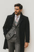 Mens Black Diamond Solid Black 100% Wool Gabardine Belted Duster Overcoat