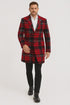 Mens Red and Black Plaid Wool Overcoat with Notch Lapel