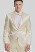 Men's Champagne Satin Double Breasted 3 Piece Skinny Fit Tazzio Suit with Peak Lapel and Matching Bowtie