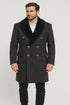 Men’s Black Double-Breasted Overcoat with Faux Fur Collar and Gold Buttons