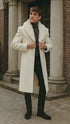 Men’s Ivory Full-Length Overcoat with Luxurious Faux Fur Shawl Collar – Winter Dress Coat