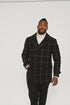 Mens Black Windowpane Check Wool Overcoat – Double-Breasted Winter Peacoat