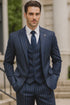 Men's Dark Navy Blue ~ White Mars Vested Peak Lapel Gangster Bold PinStripe Suit