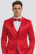 Red Satin Double Breasted Peak Lapel 3 Piece Skinny Fit Tazzio Men's Suit with Matching Bowtie
