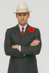 Mens Double Breasted Gangster Six Button Suit in Black/Black and Red Pinstripe