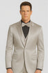 Tazzio Men's Silver Satin Double Breasted 3 Piece Skinny Fit Suit with Peak Lapel Vest and Matching Bowtie