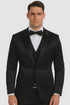 Black Satin Skinny Fit Tazzio Men's Double Breasted 3 Piece Suit with Peak Lapel and Bowtie