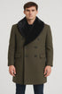 Mens Olive Green Wool Overcoat with Black Faux Fur Shawl Collar – Double Breasted Winter Coat