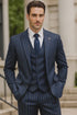 Men's Dark Navy Blue ~ White Mars Vested Peak Lapel Gangster Bold PinStripe Suit