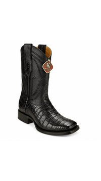 King Exotic Caiman Belly Wide Square Boots- Black