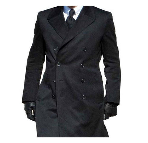 Mens Black James Bond Outfit Spectre Peak Lapel Double Breasted Bridge Long Coat