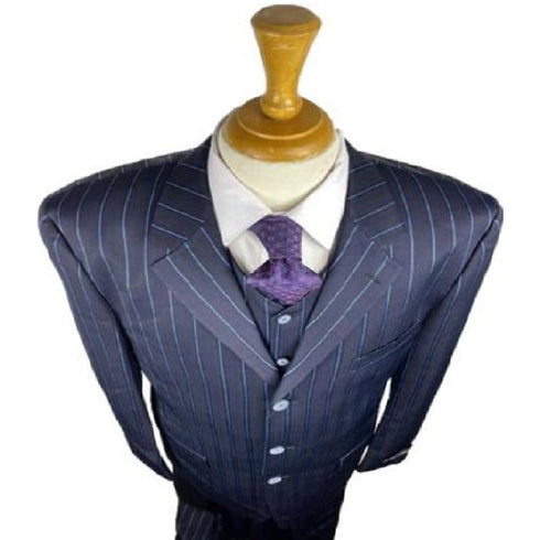 Three Buttons Bold Chalk Pinstripe Navy Blue Pinstripe Suit With Vest Three Pieces