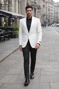 Prom Tuxedo 2026 - Men's Slim Fit Wedding & Prom Tonal Paisley White Tuxedo Jacket