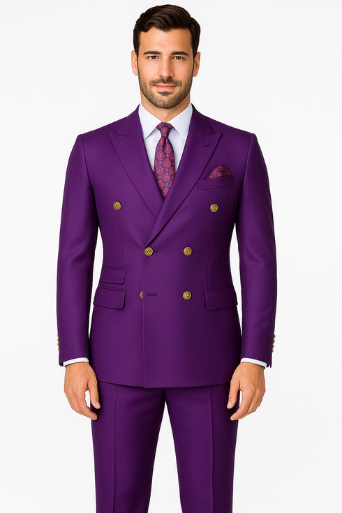 Mens Designer Modern Fit Double Breasted Wool Suit with Gold Buttons in Purple