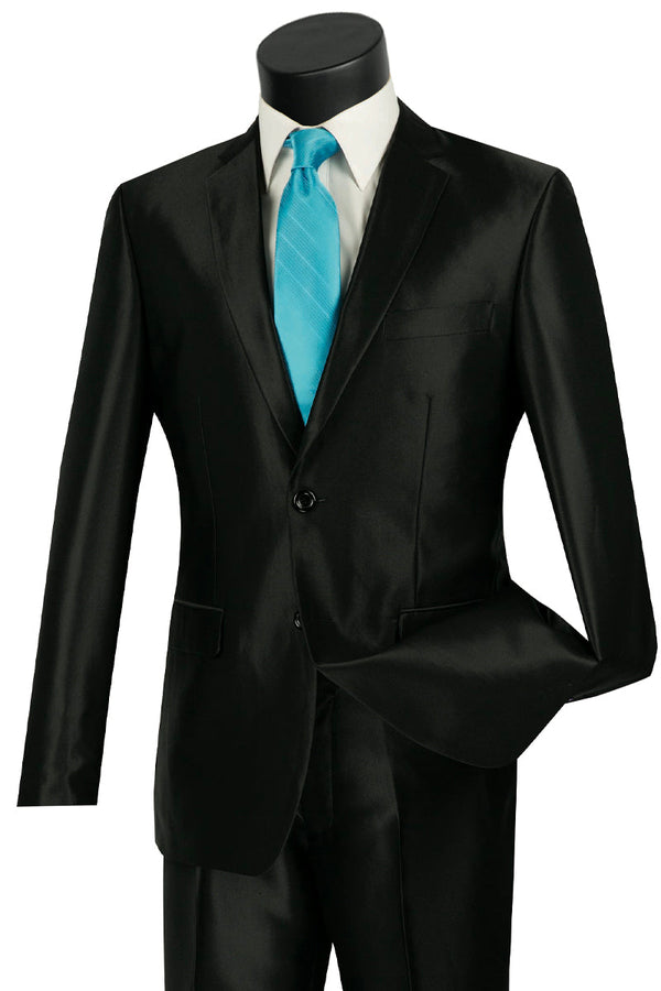 Mens 2 Button Slim Fit Shiny Sharkskin Suit in Black