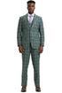 Men's Stacy Adams Two Button Vested Glen Plaid Check Suit in Light Olive Green