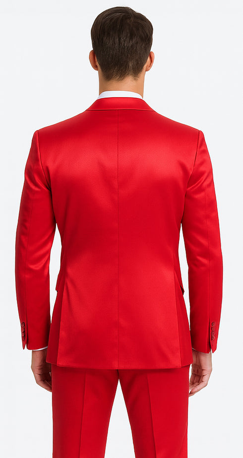 Red Satin Double Breasted Peak Lapel 3 Piece Skinny Fit Tazzio Men's Suit with Matching Bowtie