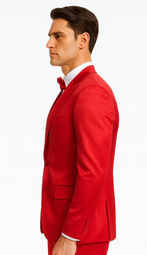 Red Satin Double Breasted Peak Lapel 3 Piece Skinny Fit Tazzio Men's Suit with Matching Bowtie