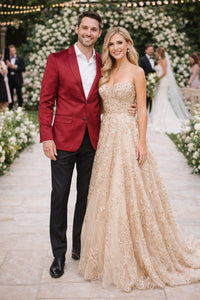 Men’s Slim Fit Red Satin Blazer – Elegant Two-Button Formal Suit Jacket for Weddings, in Red Color