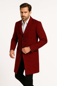 Men’s Red and Black Houndstooth Overcoat – Classic Wool Long Coat - Christmas Tartan Coat