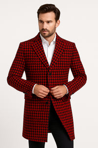 Men’s Red and Black Houndstooth Overcoat – Classic Wool Long Coat - Christmas Tartan Coat