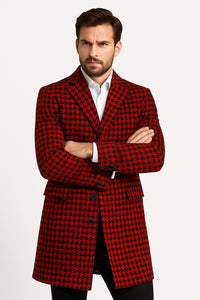 Men’s Red and Black Houndstooth Overcoat – Classic Wool Long Coat - Christmas Tartan Coat