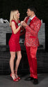 Mens Shiny Stretch Pants Solid Color Slim Fit Sateen Flashy Metallic Slacks in Color "Red"
