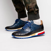 Zelli Rocco Hand-Burnished Crocodile Embossed Sneakers in Navy