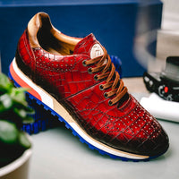 Zelli Rocco Hand-Burnished Embossed Crocodile Sneakers in Red