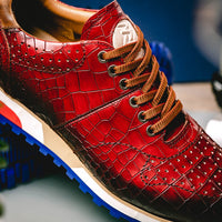 Zelli Rocco Hand-Burnished Embossed Crocodile Sneakers in Red
