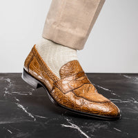 Zelli Roma Genuine Caiman Crocodile Penny Loafers in Taupe