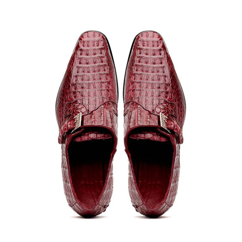 Marco Di Milano Luigi Wine Caiman Crocodile Monk Strap Dress Shoes