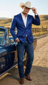 Men’s Shiny Royal Blue Cowboy Blazer – Western Style Satin Finish Blazer for Party, Country Events and Evening Wear