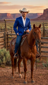 Men’s Shiny Royal Blue Cowboy Blazer – Western Style Satin Finish Blazer for Party, Country Events and Evening Wear