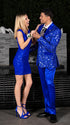 Mens Shiny Stretch Pants Solid Color Slim Fit Sateen Flashy Metallic Slacks in Color "Royal Blue"