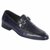 Men’s Navy Genuine Crocodile and Calfskin Leather Slip-On Dress Shoes