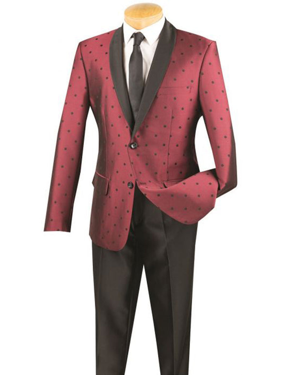 Mens 2 button Polka Dot Shawl Lapel Tuxedo in Burgundy