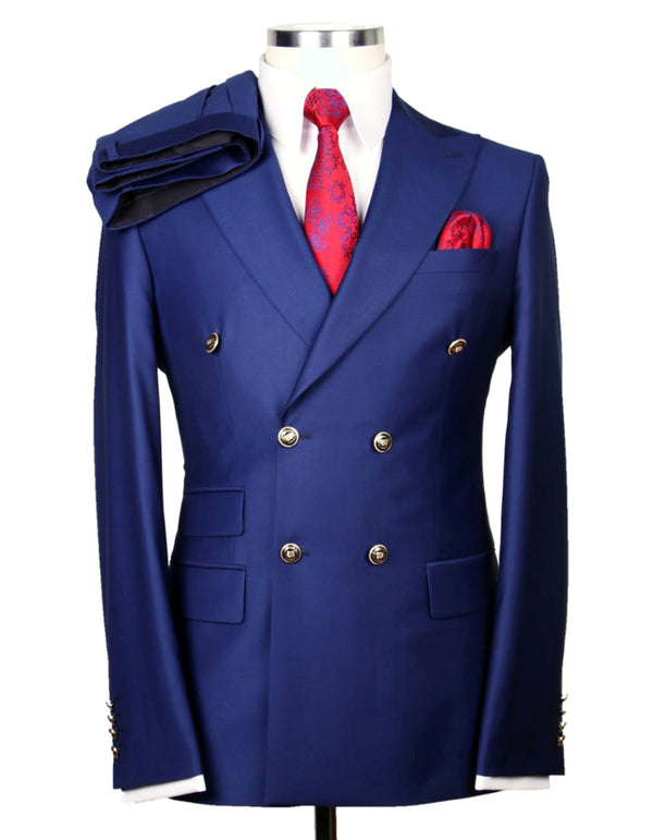 Designer Mens Double Breasted Gold Button Suit in Indigo Blue