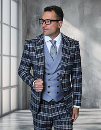 Saboo by Statement Mens Modern Fit 3 Piece 100% Wool Plaid Suit – Peak Lapel, Double Breasted Vest
