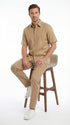 Mens Tan Embroidered Walking Suit Set – Short Sleeve Shirt and Pants Casual Summer Outfit for Vacation, Beach in khaki Beige Color