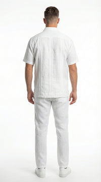 Mens White Embroidered Walking Suit Set – Short Sleeve Shirt and Pants Casual Summer Outfit for Vacation, Beach and Everyday Wear