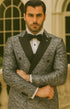 Silver Double Breasted Rough Streak Pattern Satin Peak Lapel Stacy Adams Men's Jacket