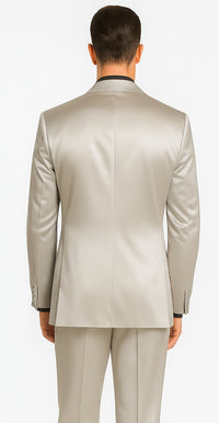Tazzio Men's Silver Satin Double Breasted 3 Piece Skinny Fit Suit with Peak Lapel Vest and Matching Bowtie
