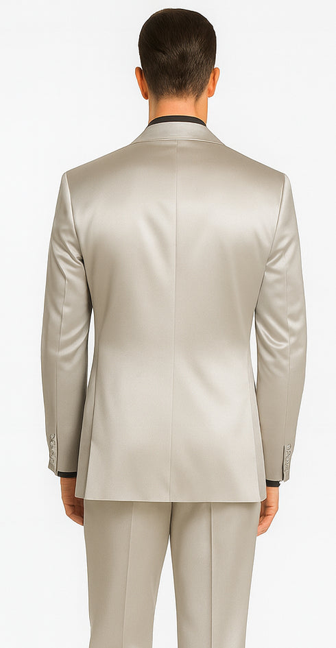 Tazzio Men's Silver Satin Double Breasted 3 Piece Skinny Fit Suit with Peak Lapel Vest and Matching Bowtie