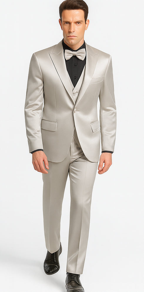 Tazzio Men's Silver Satin Double Breasted 3 Piece Skinny Fit Suit with Peak Lapel Vest and Matching Bowtie