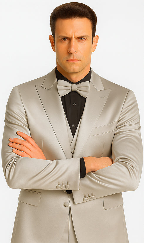 Tazzio Men's Silver Satin Double Breasted 3 Piece Skinny Fit Suit with Peak Lapel Vest and Matching Bowtie
