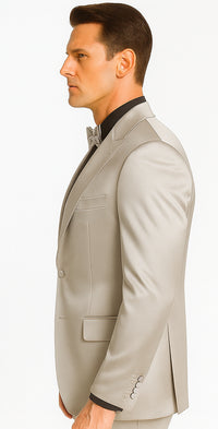 Tazzio Men's Silver Satin Double Breasted 3 Piece Skinny Fit Suit with Peak Lapel Vest and Matching Bowtie