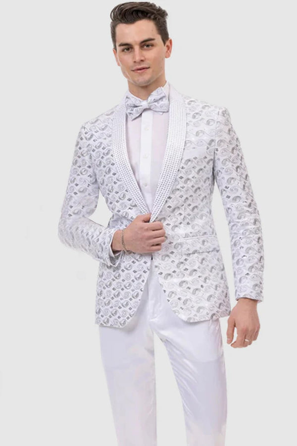 All White Mens Tuxedo -  Wedding Suit - Mens Modern Silver Sequin Swirl Prom Tuxedo Jacket In White